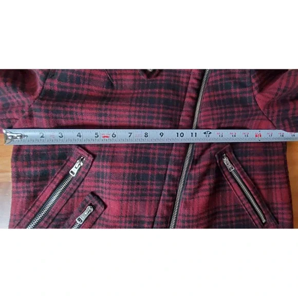 American Eagle Red Black Plaid Bomber Moto Jacket Faux Fur Small Sherpa Wool - Picture 8 of 10